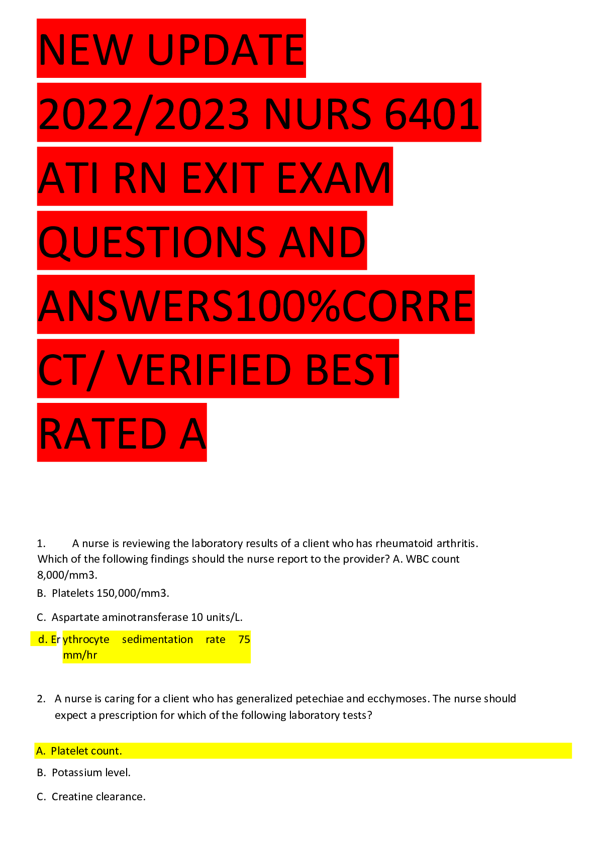 NEW UPDATE 2022/2023 NURS 6401 ATI RN EXIT EXAM QUESTIONS AND